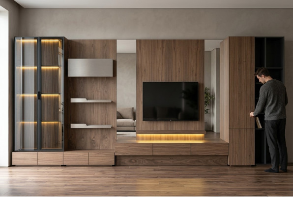 Salle de séjour Unité murale Meuble TV Meuble bas en bois Marron Mobilier TV neuf xxl 530cm