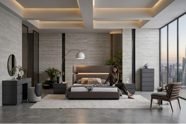 Ensemble de chambre moderne de 6 pièces: Lit 2x Tables de chevet Commode avec miroir.