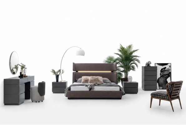 Ensemble de chambre moderne de 6 pièces: Lit 2x Tables de chevet Commode avec miroir.