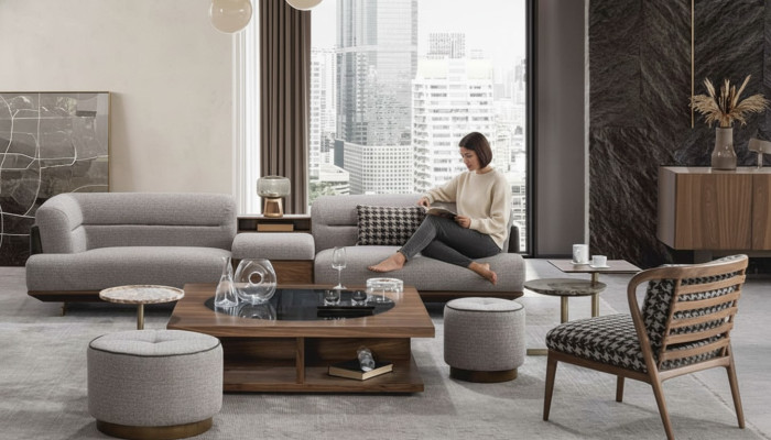 Canapé de luxe Gris Salon Tapisserie Textile Canapé Trois places Canapés Sofas