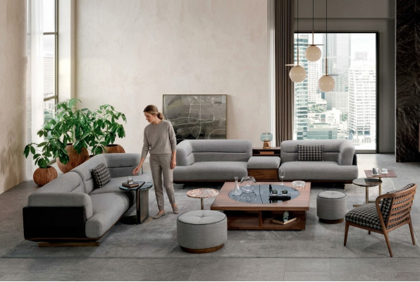 Ensemble de salon de luxe Canapé gris avec fauteuil 2x Tabouret Design moderne