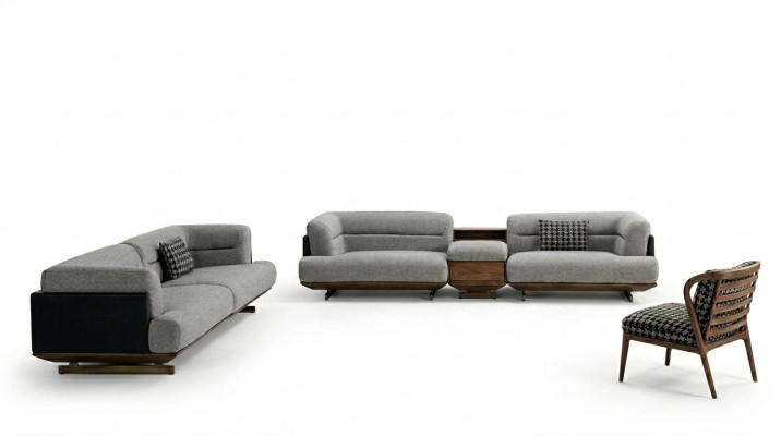 Ensemble de salon de luxe Canapé gris avec fauteuil 2x Tabouret Design moderne