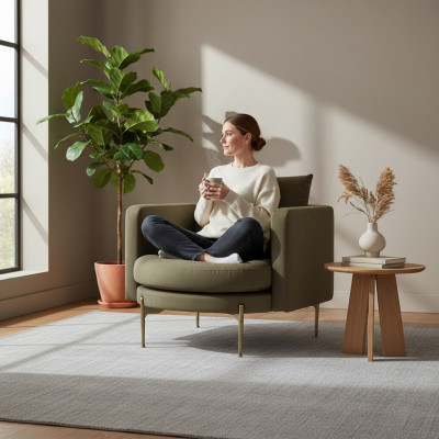 Fauteuil pour Salon Design Moderne en Bois avec Textile Rond Lounge Club