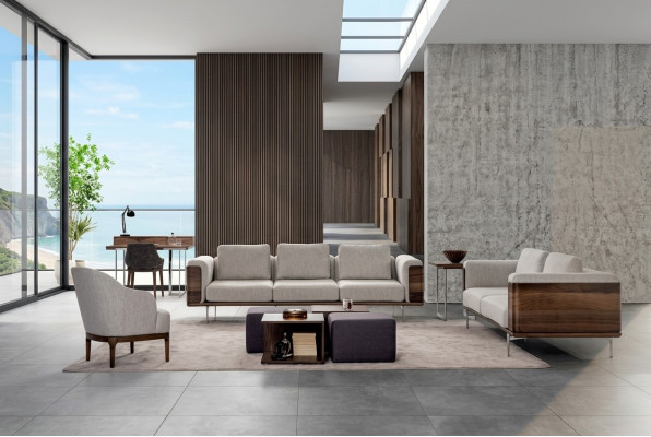 Ensemble de salon de luxe au design moderne comprenant 2 canapés avec fauteuil assorti.