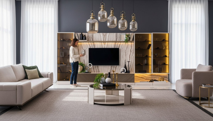Élégante unité murale, extension du salon, mur 388cm, unités murales de luxe, buffet
