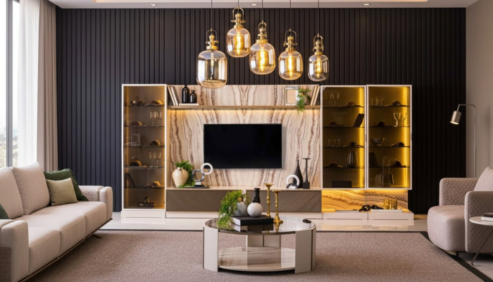 Élégante unité murale, extension du salon, mur 388cm, unités murales de luxe, buffet