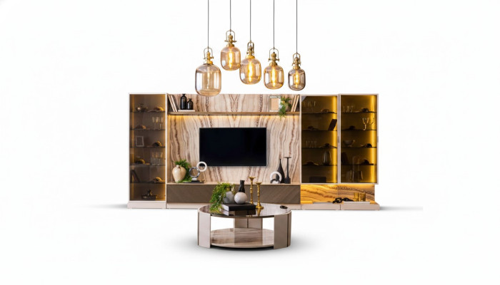 Élégante unité murale, extension du salon, mur 388cm, unités murales de luxe, buffet