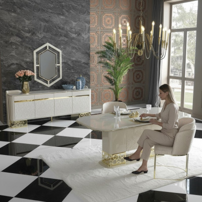 Ensemble de salle à manger moderne: Table à manger 4 chaises Buffet Commode 6 pièces