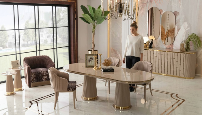 Set de salle à manger de luxe, ensemble de salle à manger, table à manger 4x chaises, bahut avec 2x miroir