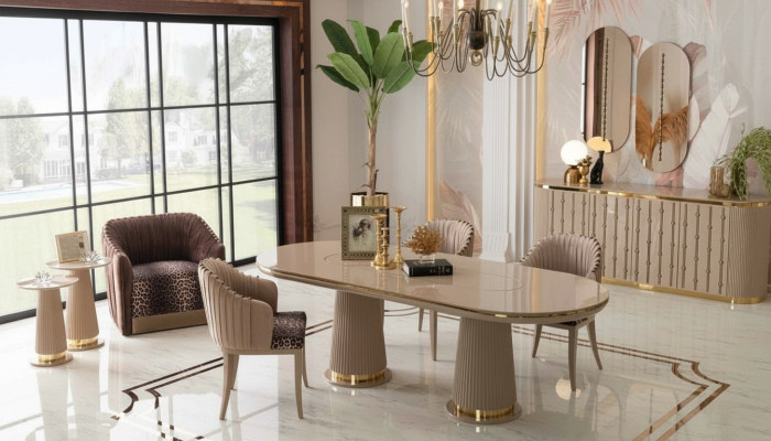 Set de salle à manger de luxe, ensemble de salle à manger, table à manger 4x chaises, bahut avec 2x miroir