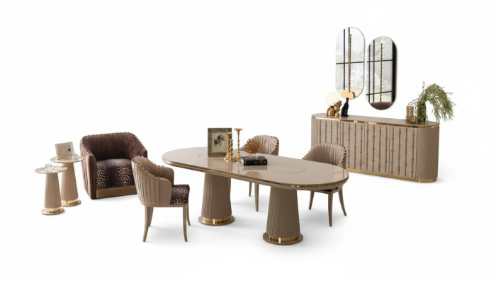 Set de salle à manger de luxe, ensemble de salle à manger, table à manger 4x chaises, bahut avec 2x miroir