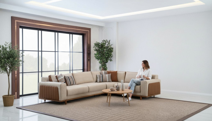 Canapé d'angle en L Salon Moderne Canapé de luxe Coin Beige