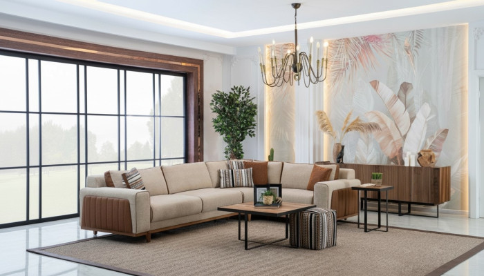 Canapé d'angle en L Salon Moderne Canapé de luxe Coin Beige