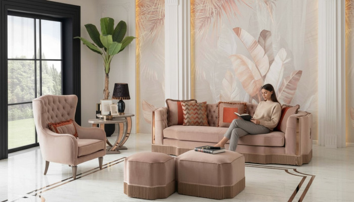 Salon de luxe Schiker Canapé 4 places Fauteuil avec 2 tabourets Meubles élégants
