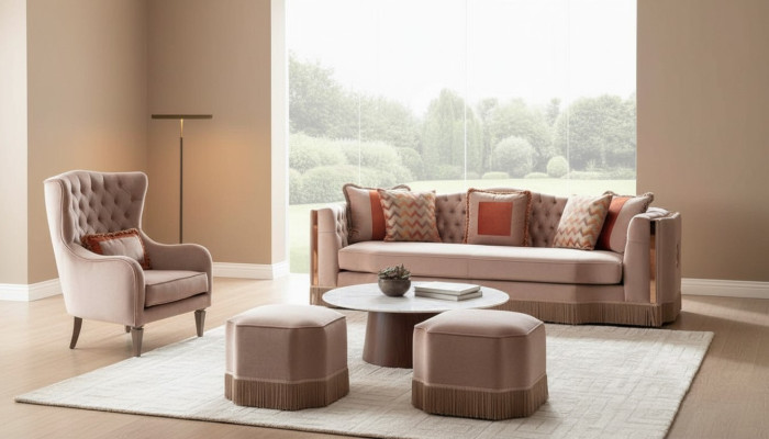 Salon de luxe Schiker Canapé 4 places Fauteuil avec 2 tabourets Meubles élégants