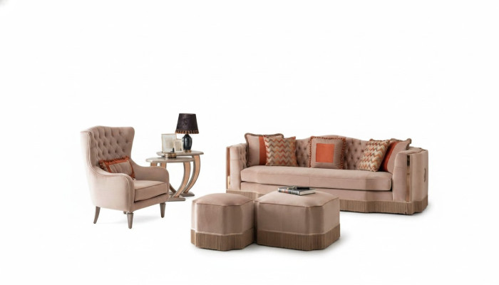 Salon de luxe Schiker Canapé 4 places Fauteuil avec 2 tabourets Meubles élégants
