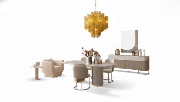 Ensemble de salle à manger au design luxueux Table à manger 4x chaises Buffet Miroir Meubles