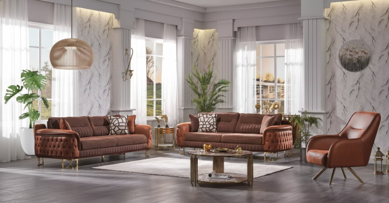 Ensemble de canapés Chesterfield marron 3+3+1 places, canapés design 3 pièces