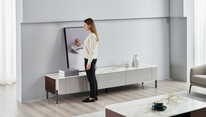 Meuble TV - Meuble bas pour téléviseur - Buffet en bois moderne blanc pour salon.