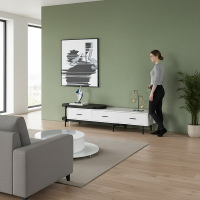 Salle de séjour Unité murale Meuble TV Meuble bas Bois Blanc Mobilier neuf Design moderne
