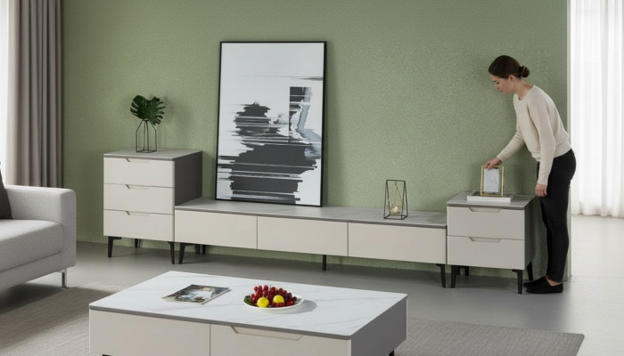 Unité murale Meuble TV Meuble TV Lowboard Bois de luxe Moderne Gris Salon