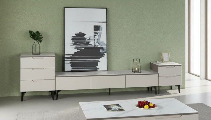 Unité murale Meuble TV Meuble TV Lowboard Bois de luxe Moderne Gris Salon
