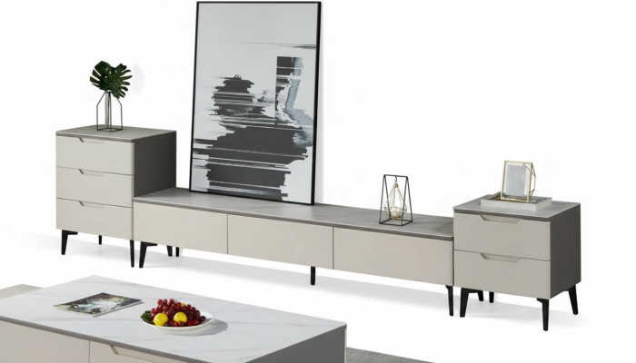 Unité murale Meuble TV Meuble TV Lowboard Bois de luxe Moderne Gris Salon