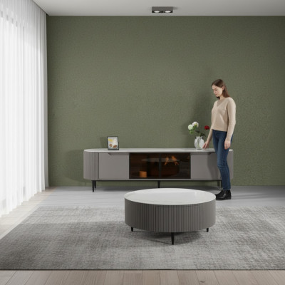 Meuble TV bas en bois gris, design de luxe pour salon, meuble de télévision.