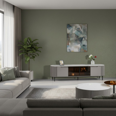 Meuble TV bas en bois gris, design de luxe pour salon, meuble de télévision.