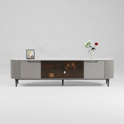 Meuble TV bas en bois gris, design de luxe pour salon, meuble de télévision.