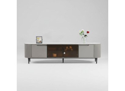 Meuble TV bas en bois gris, design de luxe pour salon, meuble de télévision.