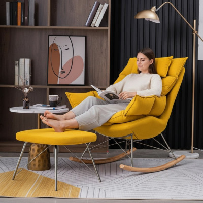 Fauteuil avec tabouret Design Luxe Siège en textile Salon Jaune