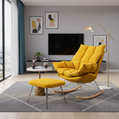Fauteuil avec tabouret Design Luxe Siège en textile Salon Jaune