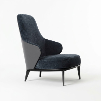 Fauteuil élégant avec accoudoirs gris foncé en bois naturel de style moderne.