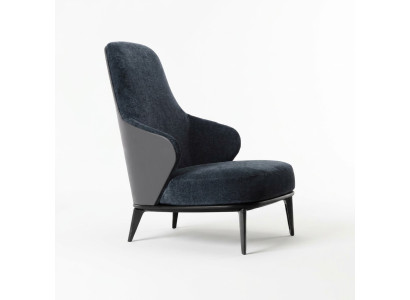Fauteuil élégant avec accoudoirs gris foncé en bois naturel de style moderne.