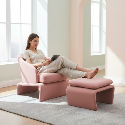 Fauteuil Club et Tabouret assorti, rose en tissu, style moderne, pour salon.