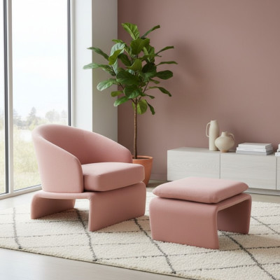 Fauteuil Club et Tabouret assorti, rose en tissu, style moderne, pour salon.