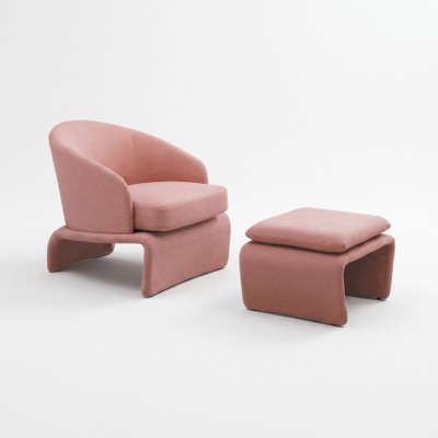 Fauteuil Club et Tabouret assorti, rose en tissu, style moderne, pour salon.