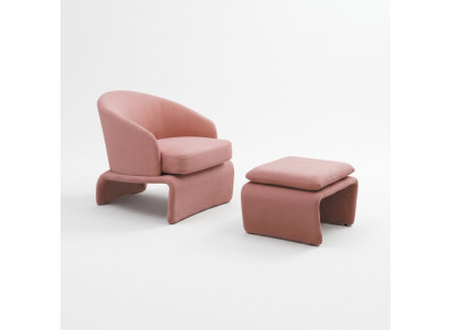 Fauteuil Club et Tabouret assorti, rose en tissu, style moderne, pour salon.