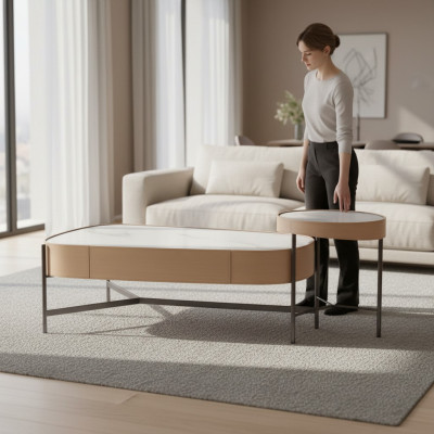 Salle de séjour Set 2x Table basse Table basse beige Moderne Luxe acier inoxydable