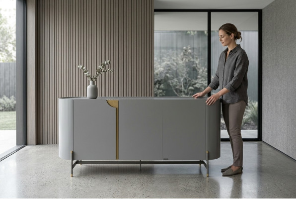 Buffet de salle à manger gris de style luxueux, design moderne, meuble en bois avec tiroirs