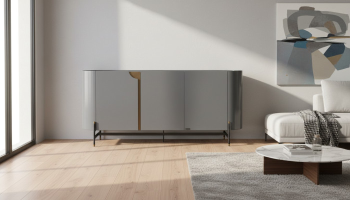 Buffet de salle à manger gris de style luxueux, design moderne, meuble en bois avec tiroirs
