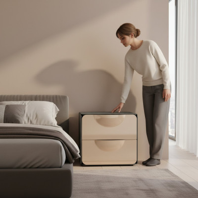 Table de chevet beige avec 2 tiroirs, console de nuit pour chambre en bois.