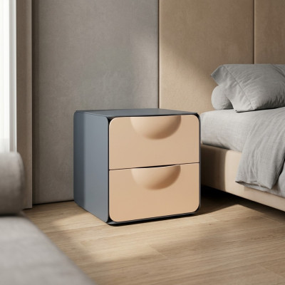 Table de chevet beige avec 2 tiroirs, console de nuit pour chambre en bois.