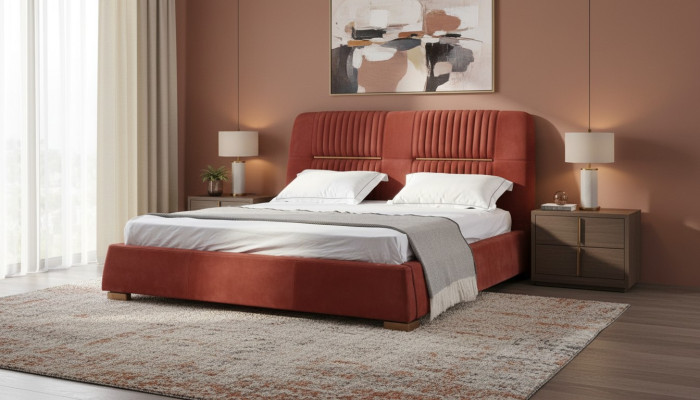 Design Lit double rouge Structure de lit e Lits Lit en bois en Textile Chambre Lit