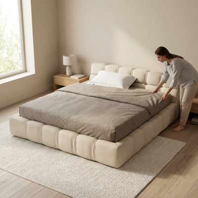 Lit blanc beige Chambre à coucher Lits Lits doubles Lits de repos Textile