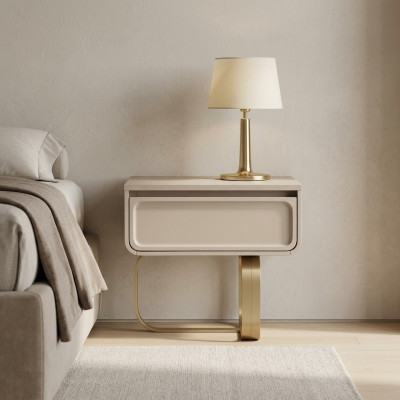 Table de chevet beige Table de chevet Chambre Table d'appoint en acier inoxydable Table en bois Moderne