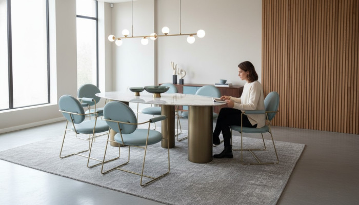 Salle à manger Designer Table à manger ovale Blanche Luxueuse Table en acier inoxydable Tables Table