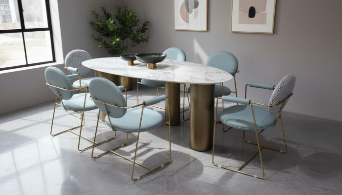Salle à manger Designer Table à manger ovale Blanche Luxueuse Table en acier inoxydable Tables Table