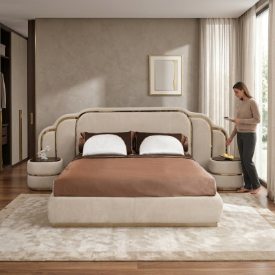 Meubles de chambre beige Lit 2x Tables de chevet Ensemble en bois Luxe Set 3 pièces